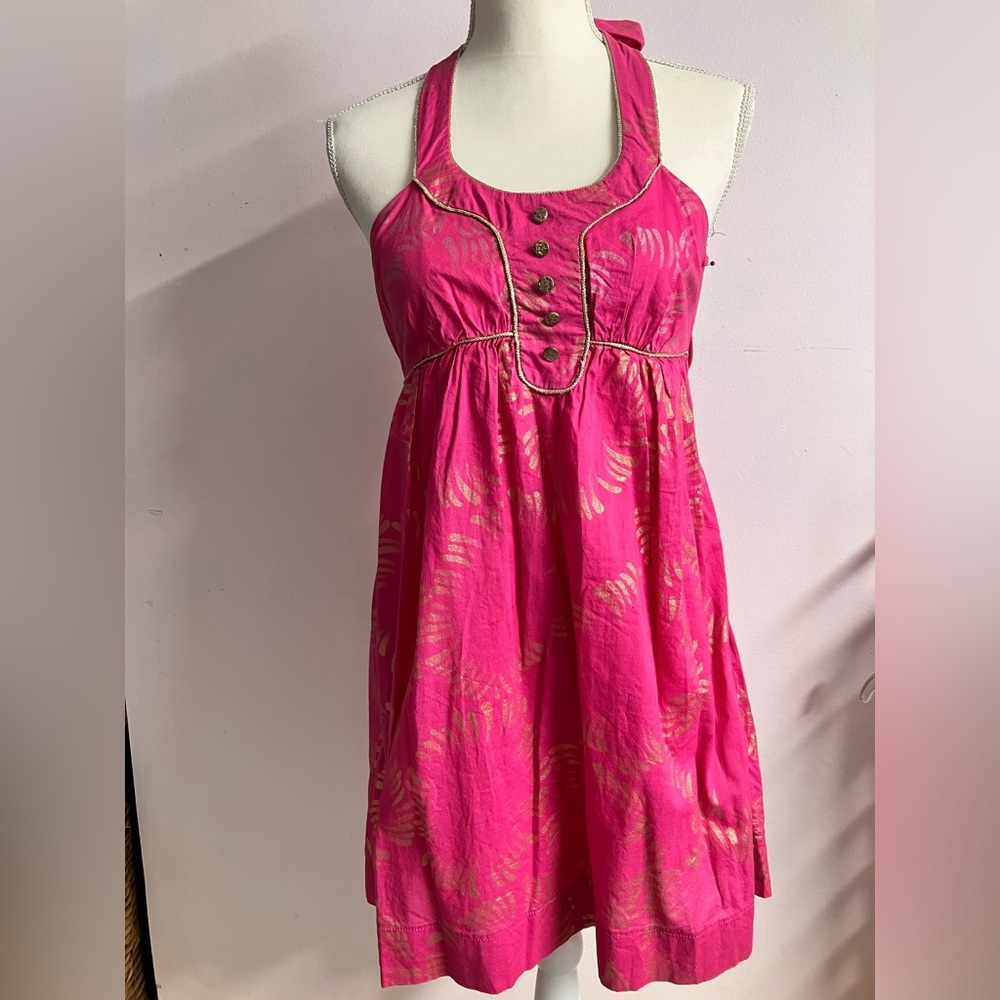 Women’s Halter-Style Sundress, Size 1, Pink/Metallic Gold Print, Candie’s
